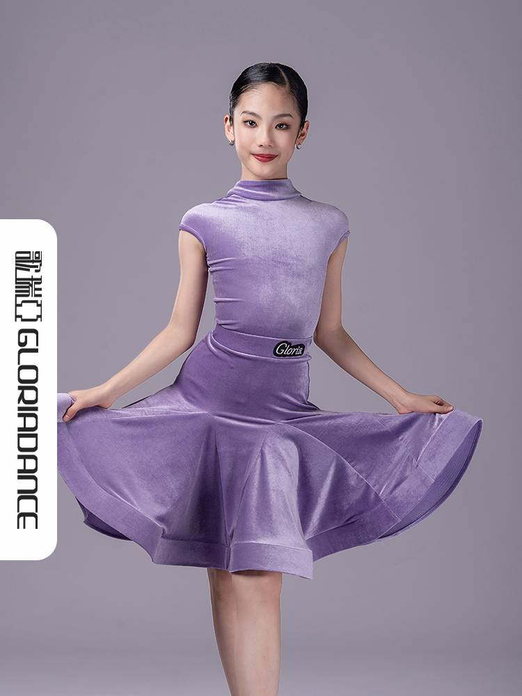 Goliya Latin Dance Girls Spring and Summer new velvet small high -necked short -sleeved fish bone competition regulations