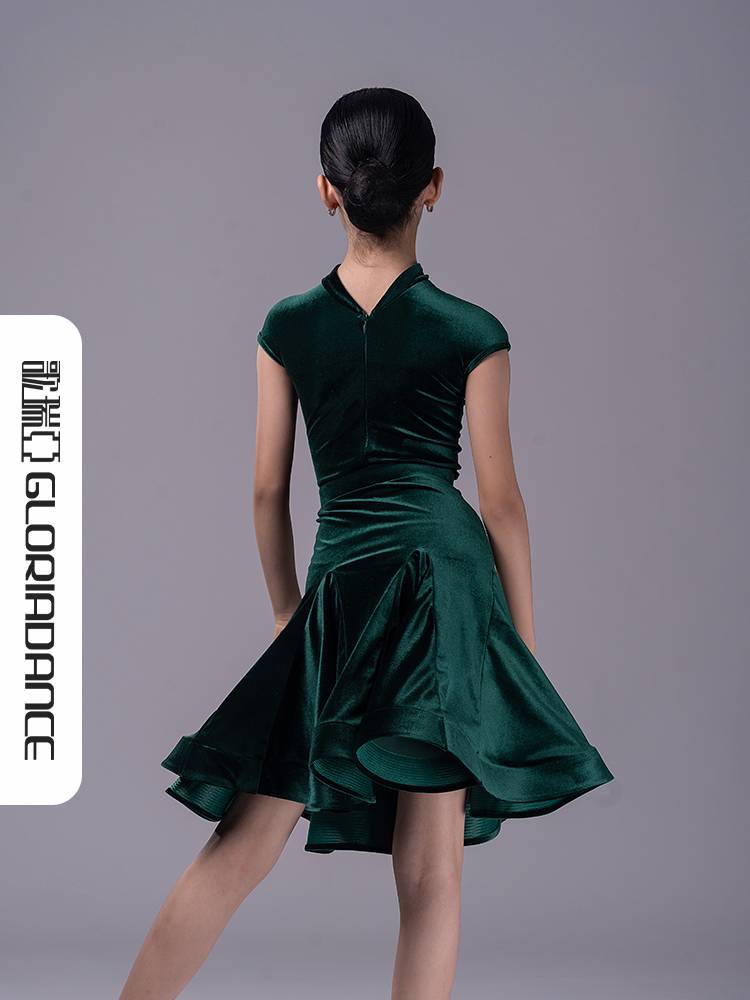 Goliya Latin Dance Girls Spring and Summer new velvet small high -necked short -sleeved fish bone competition regulations