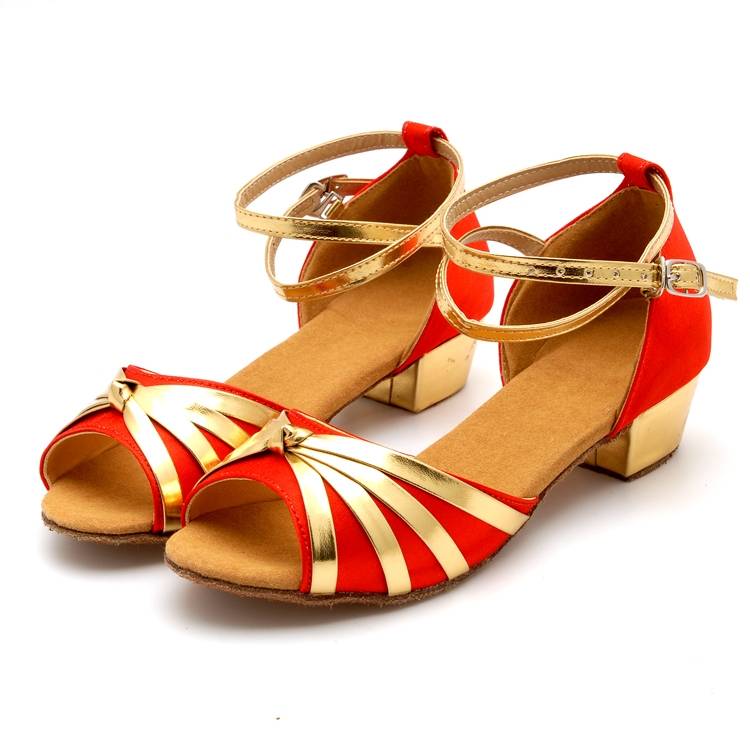 Girls and young adult Latin dance shoe gold bars series flat heels, female soft bottom square leather exercises