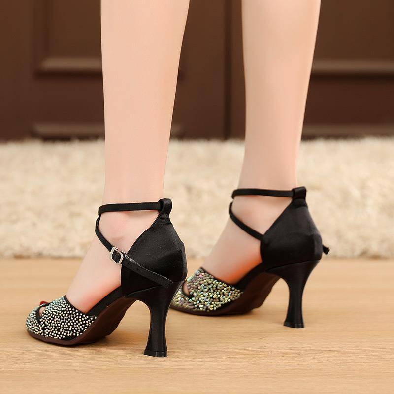 Summer women's Latin dance shoes adult medium heel with drilling fish mouth soft bottom plaza friendly dance dance shoes