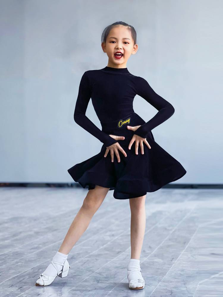 Conny Latin Dance Women's Standard Competition Professional Black Pond Dance Children's Watch Performs Fish Bone Skirts Long Sleeve