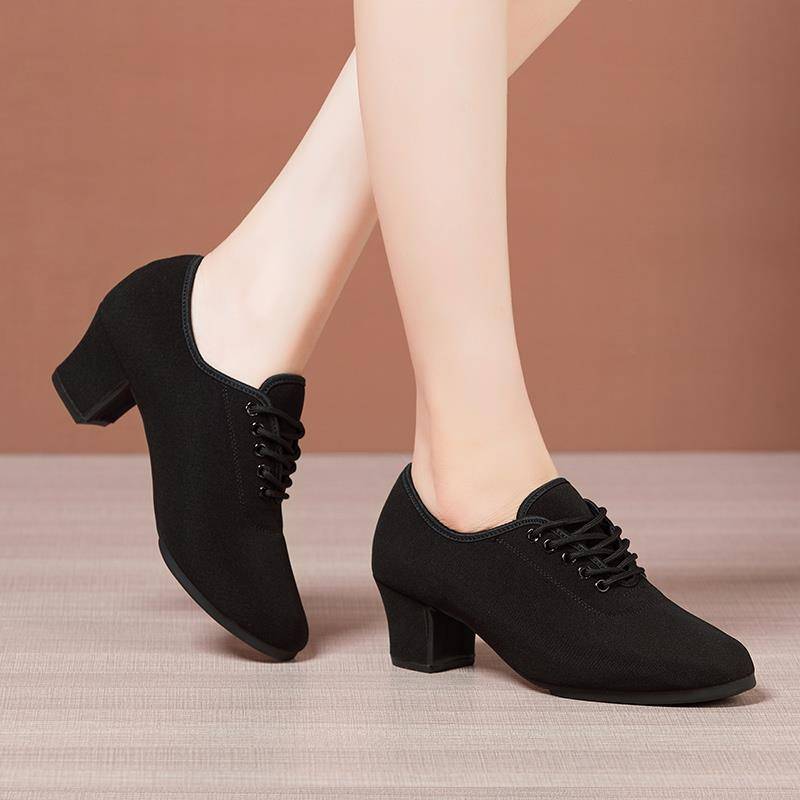 Adult outdoor square dance shoes Oxford cloth professional training thick heels, medium heel dancing Latin dance shoes