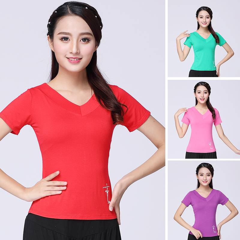 Plaza dance clothing new top short sleeve Modal V -neck dance clothing Latin dance exercises dancing clothes