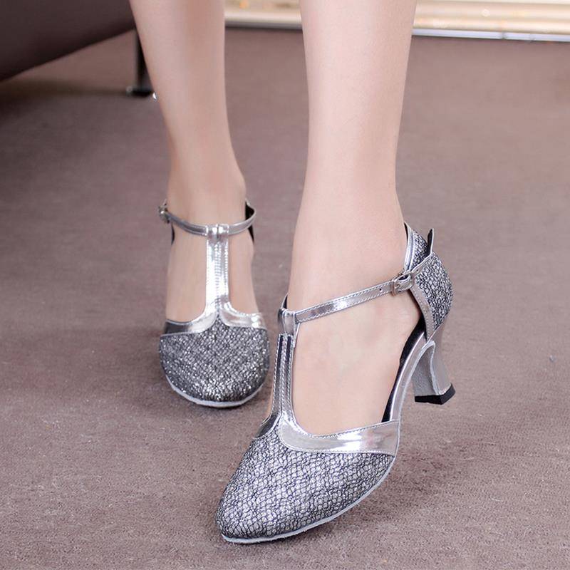 Latin dance shoes female dancing sandals mid -high heels and soft bottom dance shoes summer season Lunbache square dance shoes