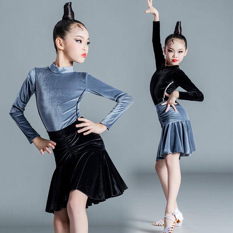 Children's Latin dance service girl suit children's practice service competition test fell velvet long sleeve autumn and winter Latin Latin dance skirt