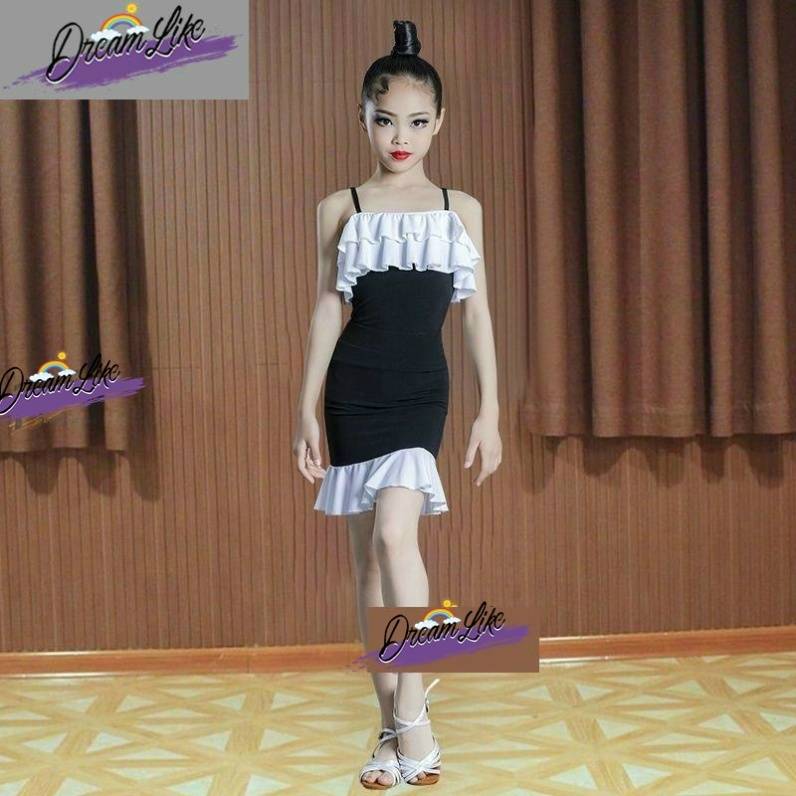 2024 new children's Latin dance exercise professional girl black and white stitching competition summer high -end suspender regulations