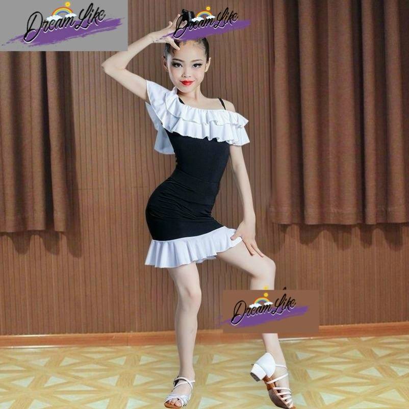 2024 new children's Latin dance exercise professional girl black and white stitching competition summer high -end suspender regulations