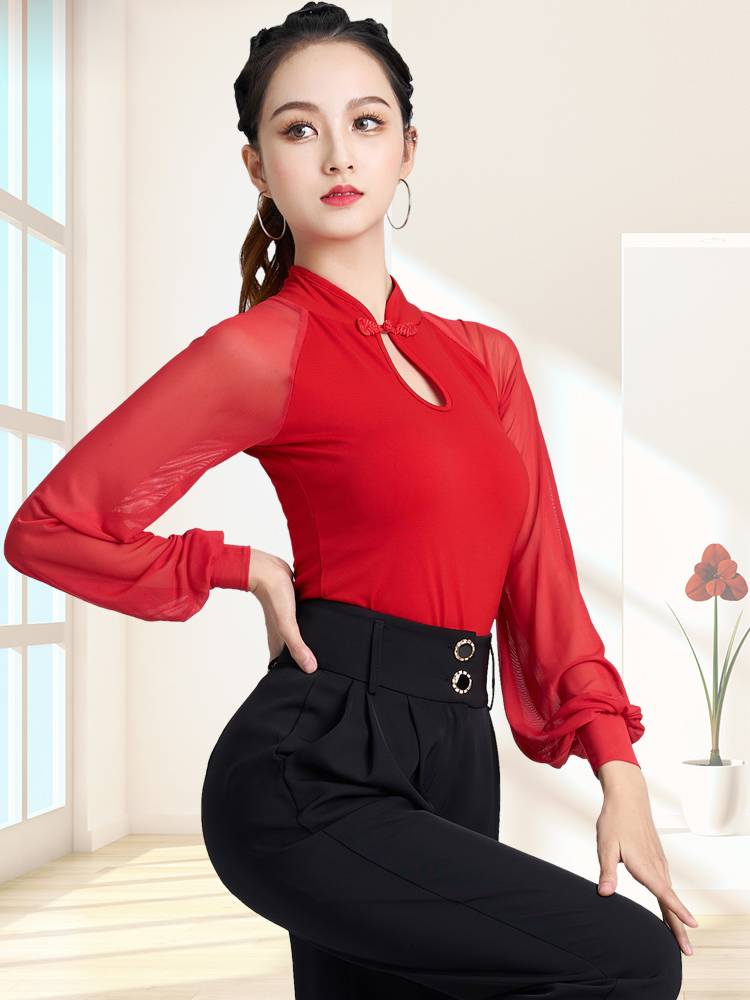 Latin dance summer stands long -sleeved dancing practice service senior female top -top national standard Modern Malph Dance Dance Series