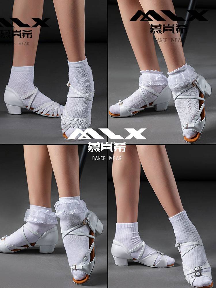 Mu Lanxi's new children's Latin dance stipulates that small white socks and white lace lace competition test performance dance socks