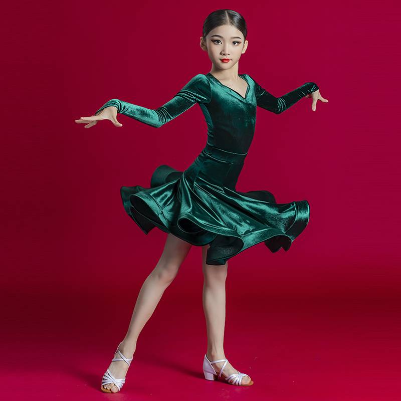 Autumn and winter ice velvet long -sleeved Latin dance contest service professional girl performance customization regulations dance skirt Latin standard competition