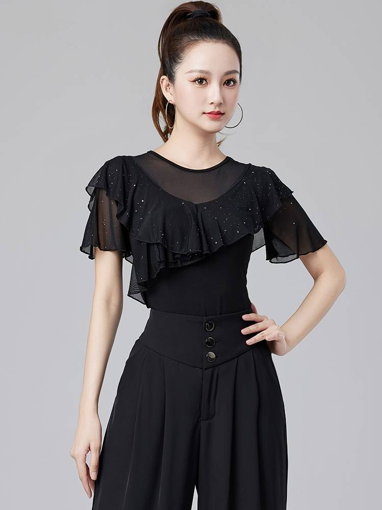 2024 Modern Dance Costume Summer New Female Short Sleeve Net Gauze Lotus Leaf Top National Latin Practice Plaza practice service
