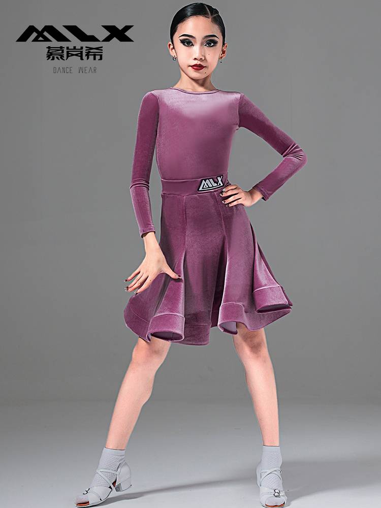 Mu Lanxi's autumn new children's dance performance service Latin dance competition service children's long -sleeved test stipulated clothing