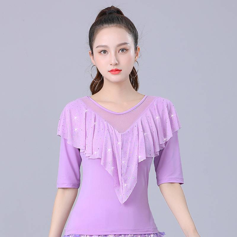 Latin Dance Plaza Dance Service Spring and Summer New Short Sleeve Top Performance Services Modern Dance Country Standard Dance Practice V -neck