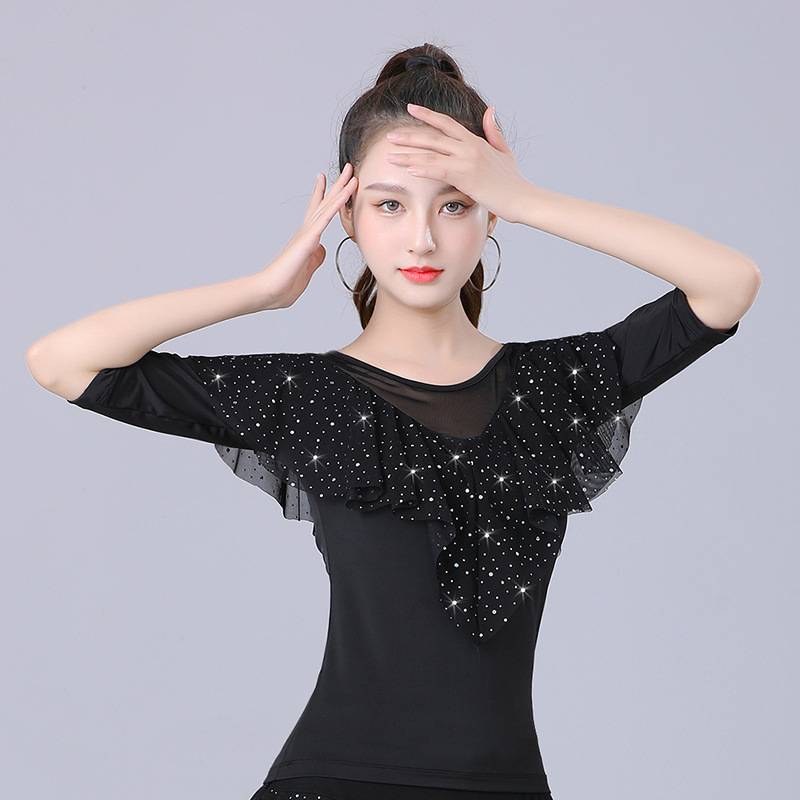 Latin Dance Plaza Dance Service Spring and Summer New Short Sleeve Top Performance Services Modern Dance Country Standard Dance Practice V -neck