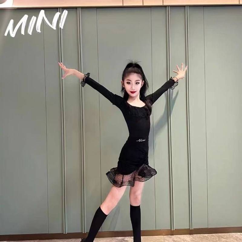 2023 new children's Latin dance service long -sleeved word collar fish bone lace border hip skirt Latin training service