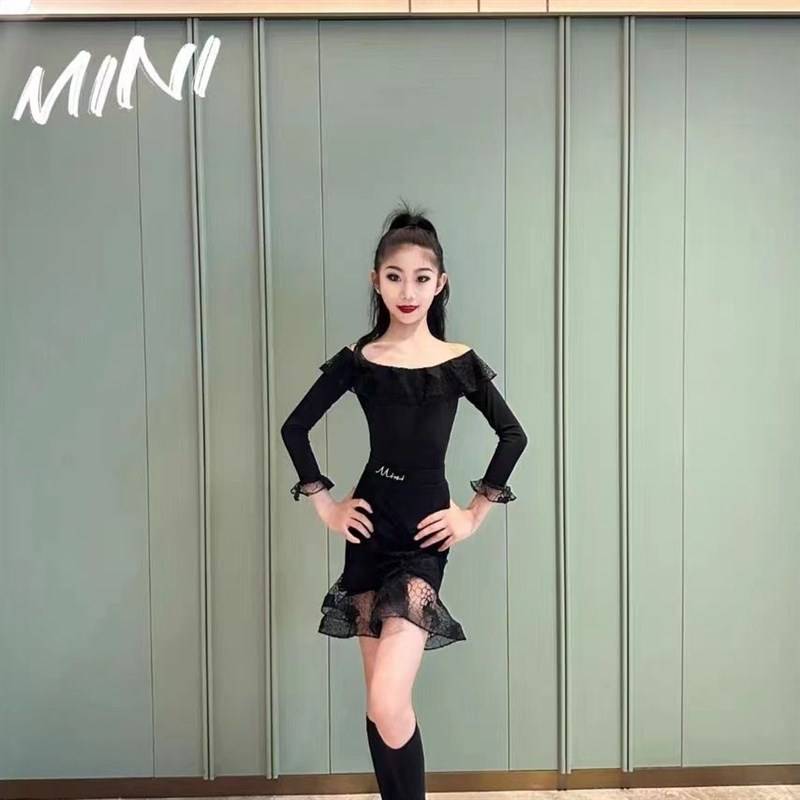 2023 new children's Latin dance service long -sleeved word collar fish bone lace border hip skirt Latin training service