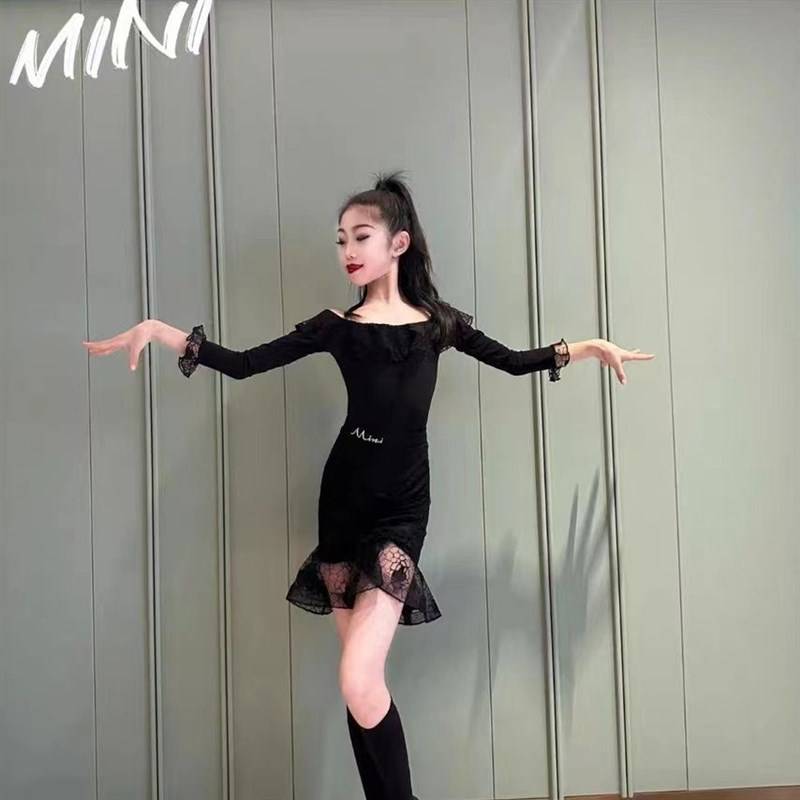 2023 new children's Latin dance service long -sleeved word collar fish bone lace border hip skirt Latin training service