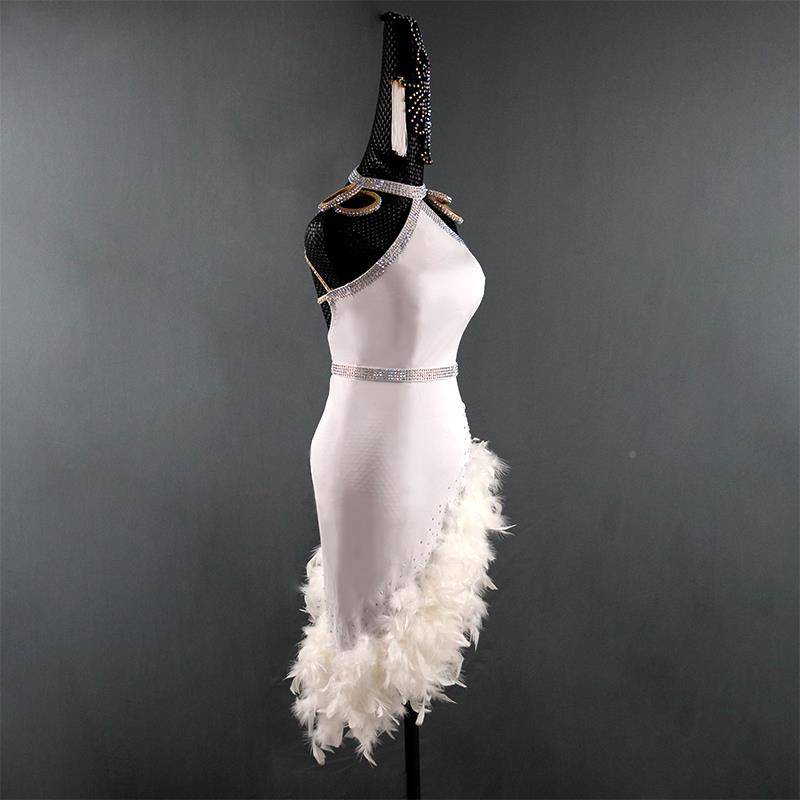 2024 new new watch Latin dance performance competition feather dress high -end white dew drill Chinese back suspender flower