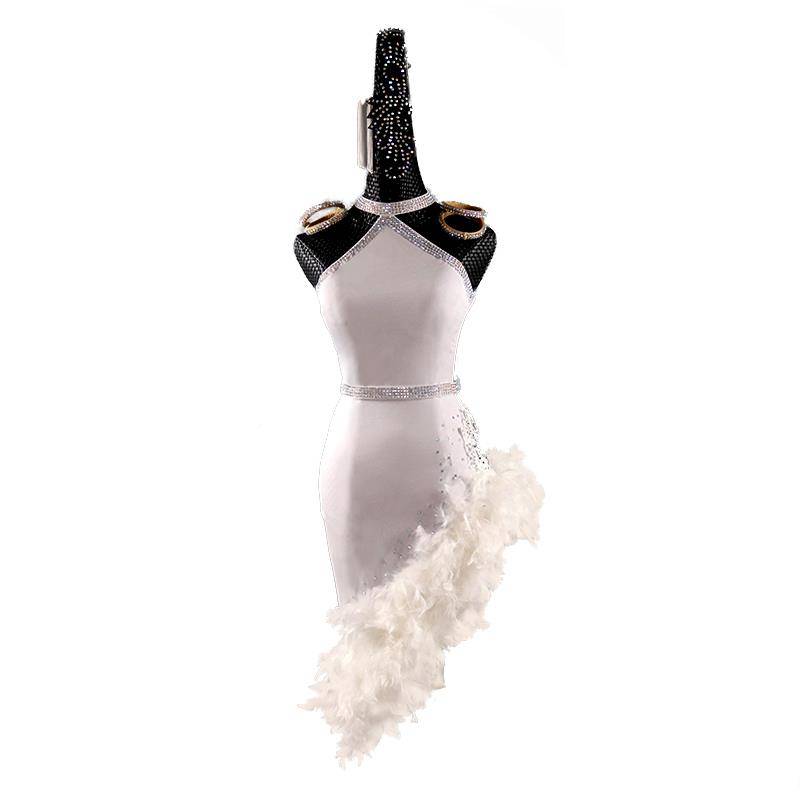 2024 new new watch Latin dance performance competition feather dress high -end white dew drill Chinese back suspender flower