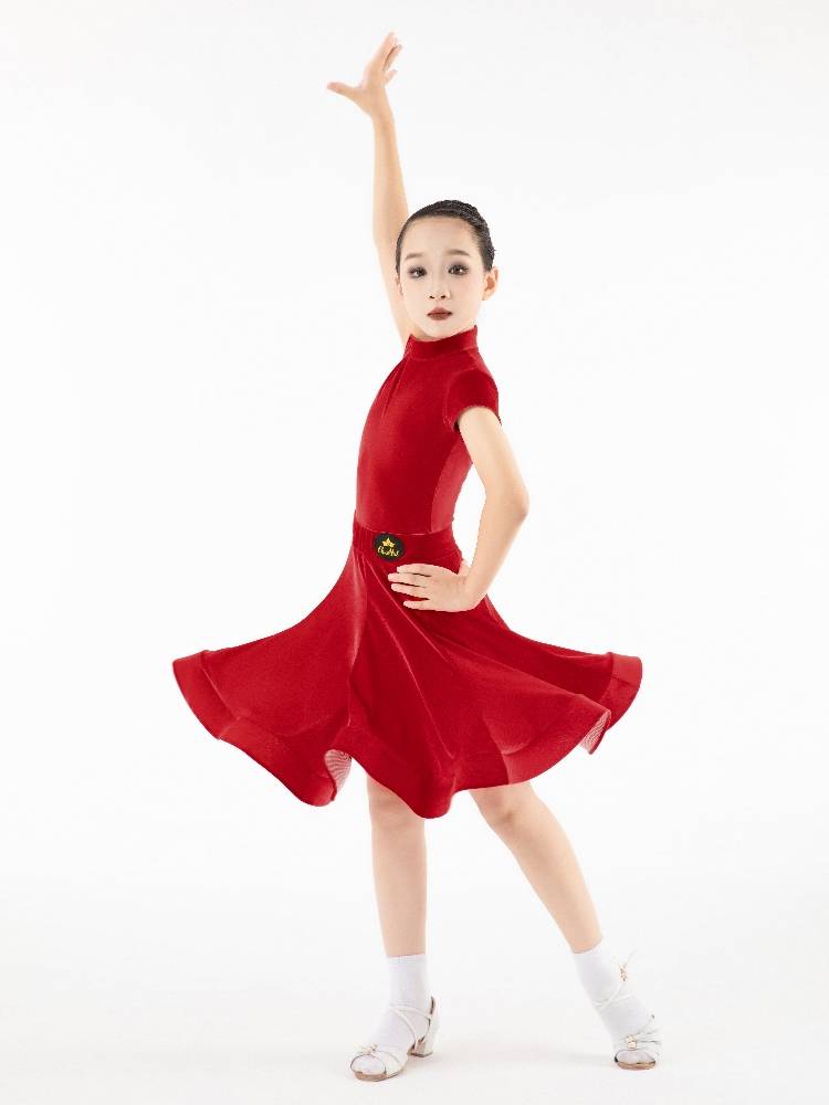 New Latin Dance Girls' Professional Regulations for Competition Sergeant Children's velvet split short -sleeved dance practice clothing
