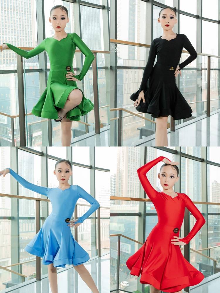 New Latin Dance Girls' Professional Regulations for Competition Sergeant Children's velvet split short -sleeved dance practice clothing
