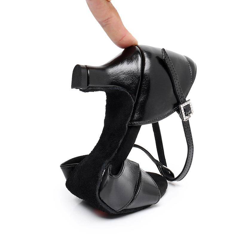 2024 new adult leather noodle high -heeled Latin dance shoe middle heel dance practitioner shoe country dance black dance shoes
