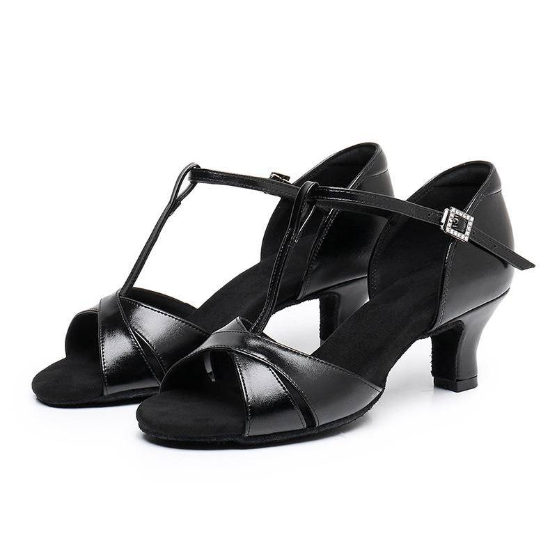 2024 new adult leather noodle high -heeled Latin dance shoe middle heel dance practitioner shoe country dance black dance shoes