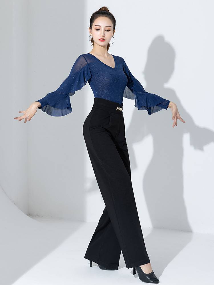 2023 new Latin dance exercise girl dance top long -sleeved modern dance performance clothing high -level sense blue
