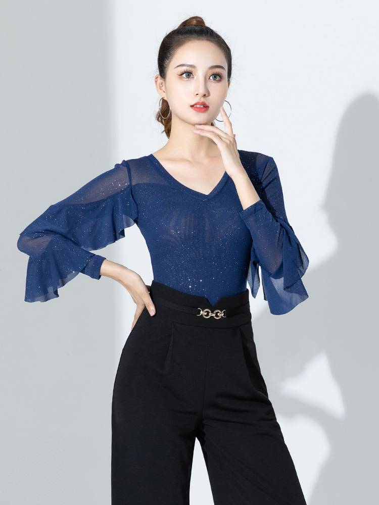 2023 new Latin dance exercise girl dance top long -sleeved modern dance performance clothing high -level sense blue