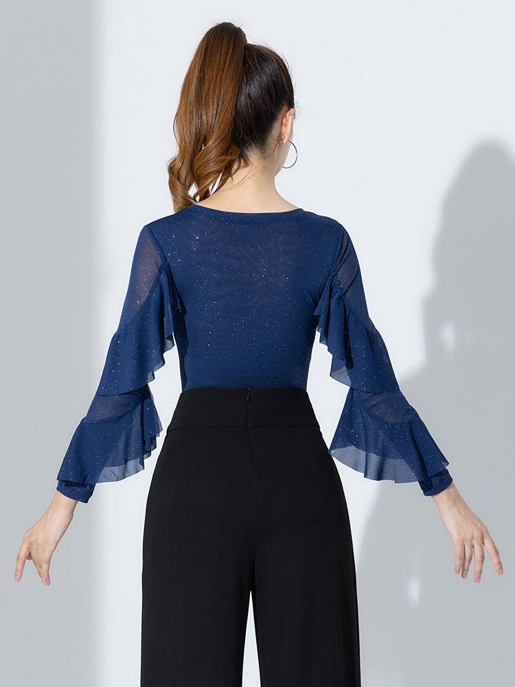 2023 new Latin dance exercise girl dance top long -sleeved modern dance performance clothing high -level sense blue