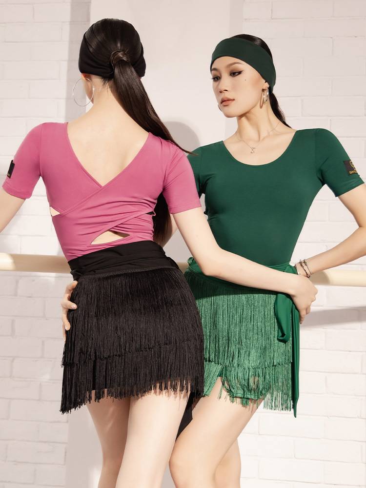 Latin dance service national standard dance practice service women's clothing dance clothes 2024 new adult summer black short sleeves 49