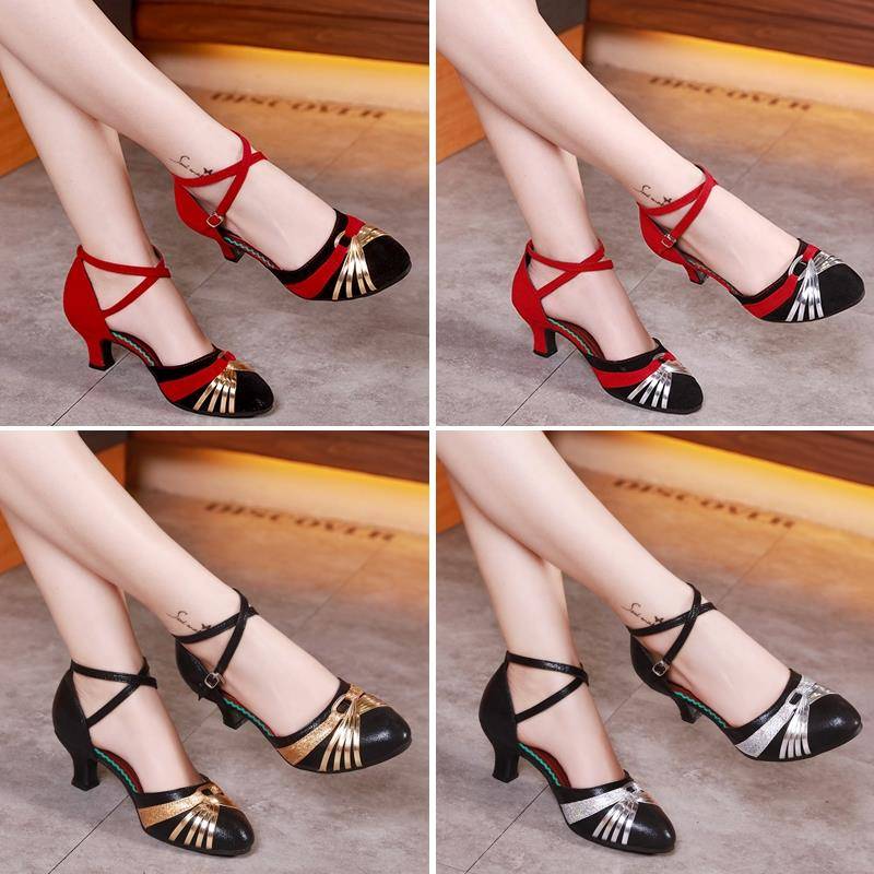 Latin dance shoes female adult mid -high heels new dance shoes four seasons soft base love dance dance summer square shoes.