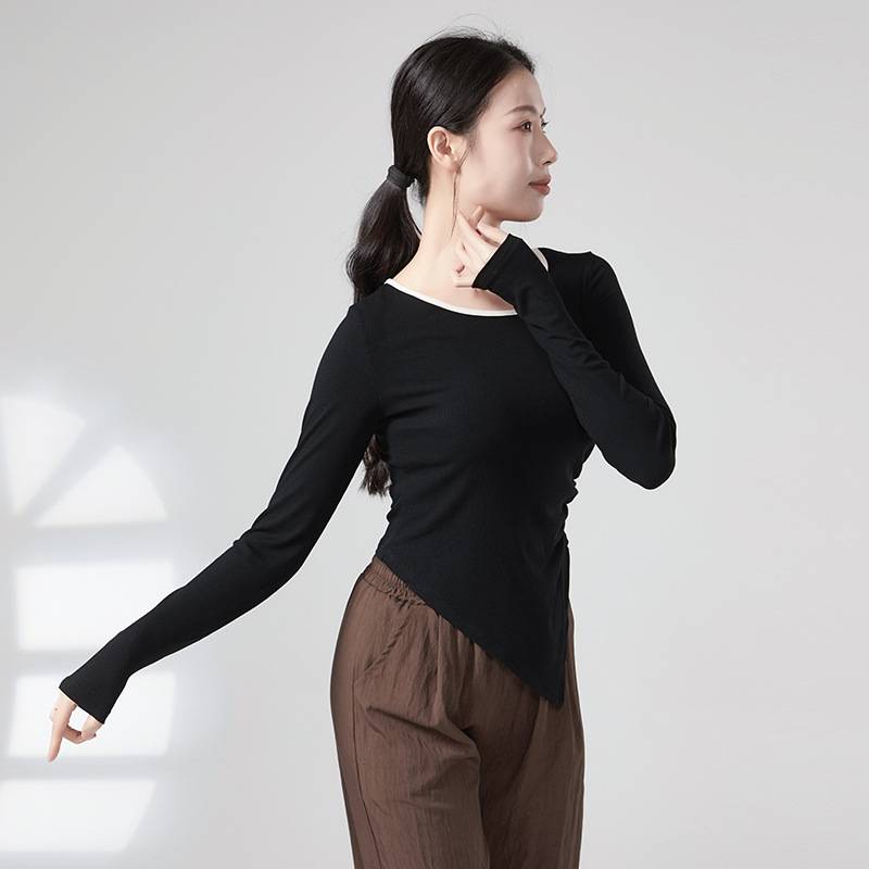 Modern dance clothes black irregular long -sleeved T -shirt female 2024 spring new design sense niche bottom shirt top