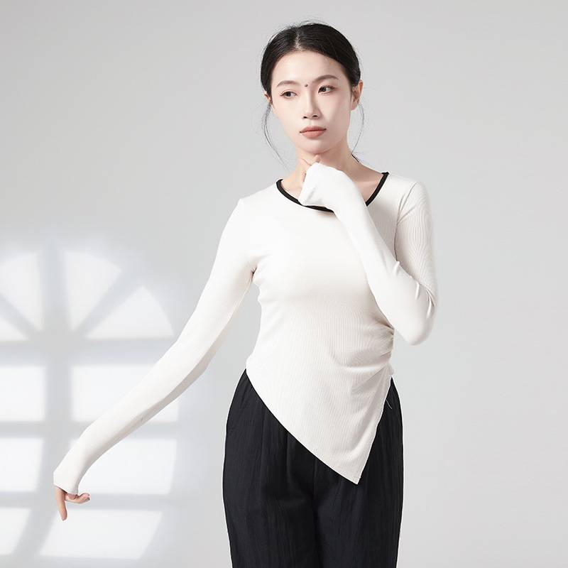 Modern dance clothes black irregular long -sleeved T -shirt female 2024 spring new design sense niche bottom shirt top
