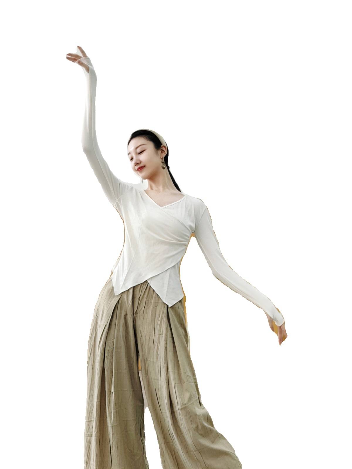 Dance top training service V -neck of modern dance, long -sleeved sleeve set refers to female Chinese dance suit shape set