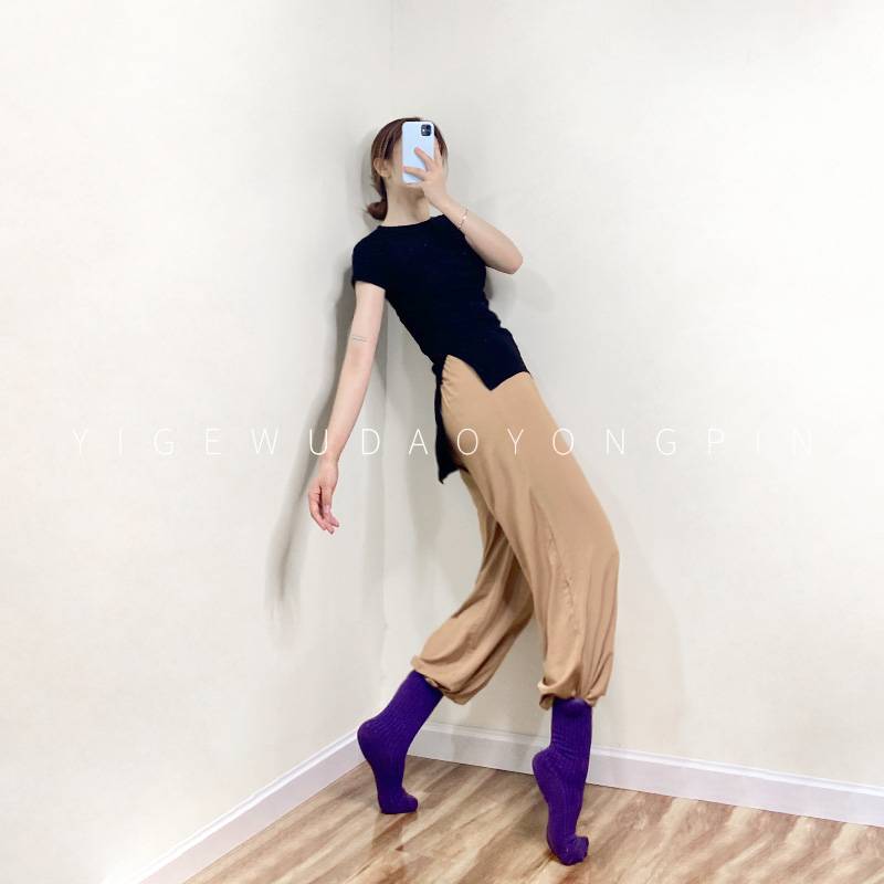 One grid dance modern dance exercises irregular short -sleeved short -sleeved long -shaped body clothes test teacher body rhyme top