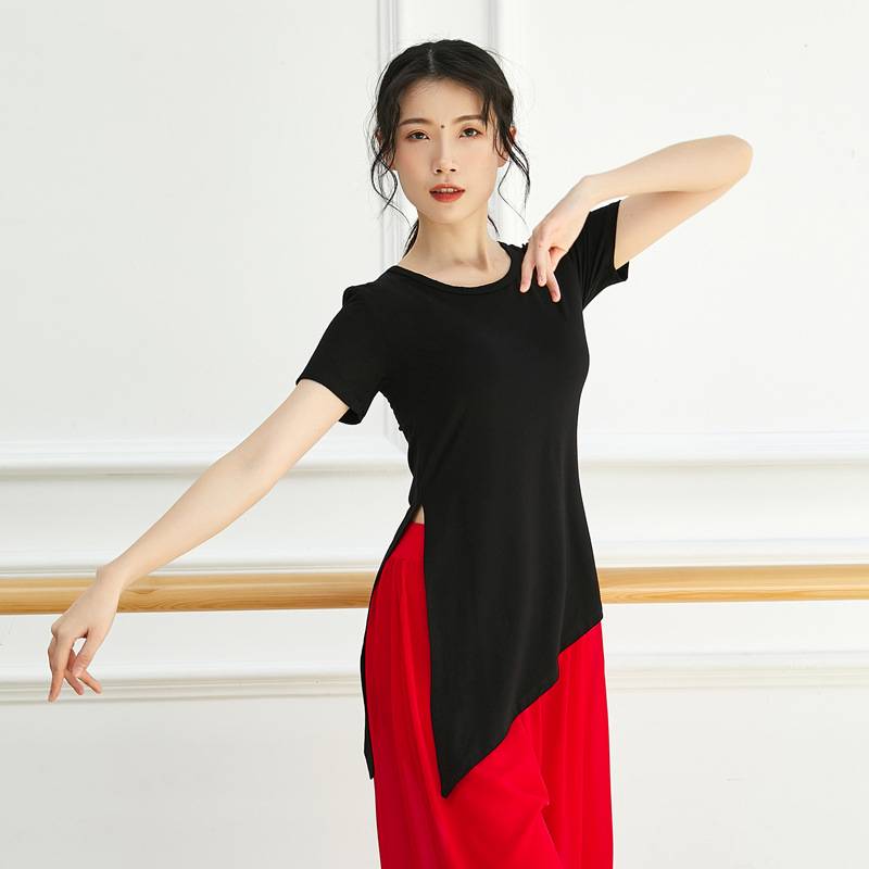 Spring and summer modern dance split top, slim dance practice service short -sleeved base training uniforms loose performance service personality test