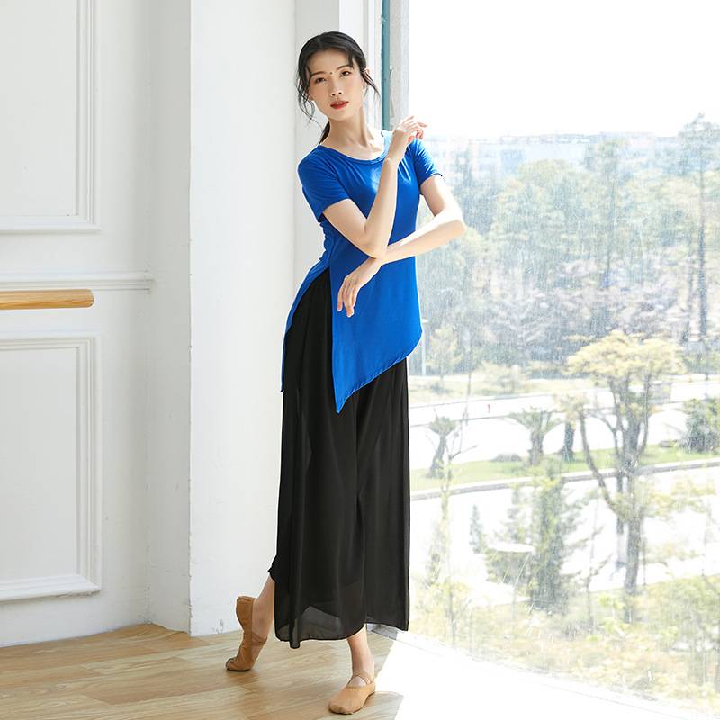 Spring and summer modern dance split top, slim dance practice service short -sleeved base training uniforms loose performance service personality test