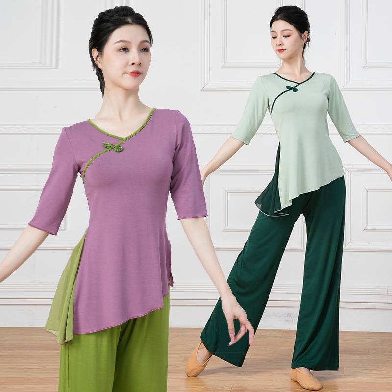 Retro Dipping side splitting contrasting color dance classical dance modern dance square dance service yoga practice body clothes top