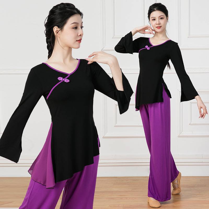 Retro Dipping side splitting contrasting color dance classical dance modern dance square dance service yoga practice body clothes top