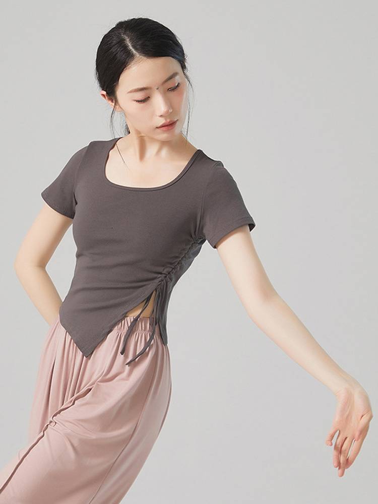 Summer side draws irregularly exposed waist -collar modern dance body training exercises and clothing slimming arts admitted to the top girl