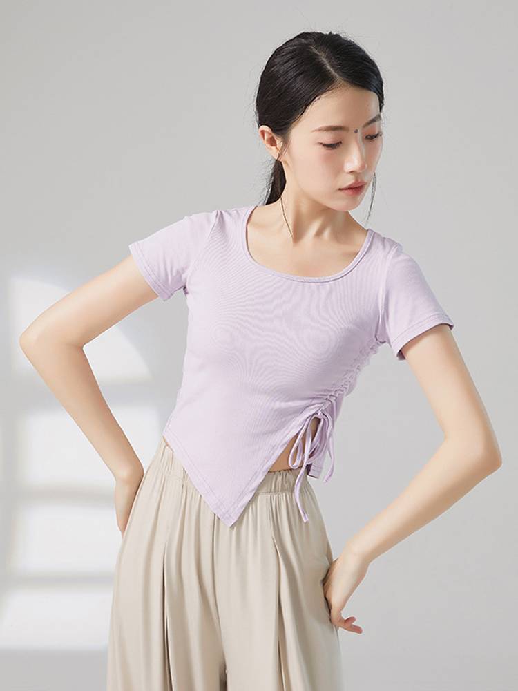 Summer side draws irregularly exposed waist -collar modern dance body training exercises and clothing slimming arts admitted to the top girl