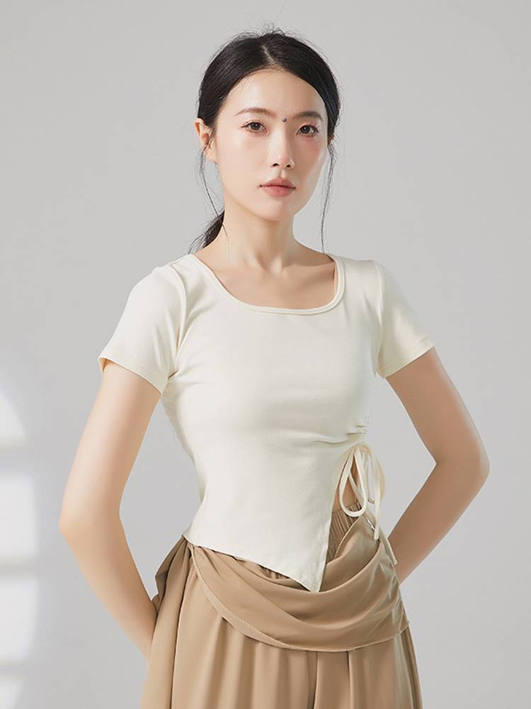 Summer side draws irregularly exposed waist -collar modern dance body training exercises and clothing slimming arts admitted to the top girl