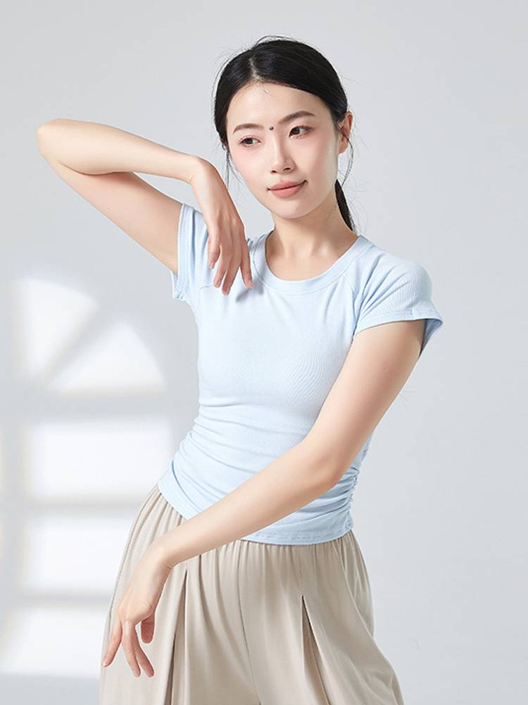 Summer exposed round neck modern dancers professional body training exercises, clothing slimming, thin short -sleeved art test