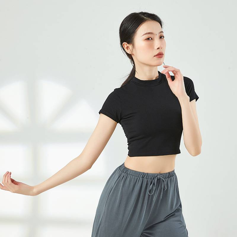 Summer new modern dance practice service girl tight short -sleeved T -shirt black wild yoga -shaped sports clothes training cotton