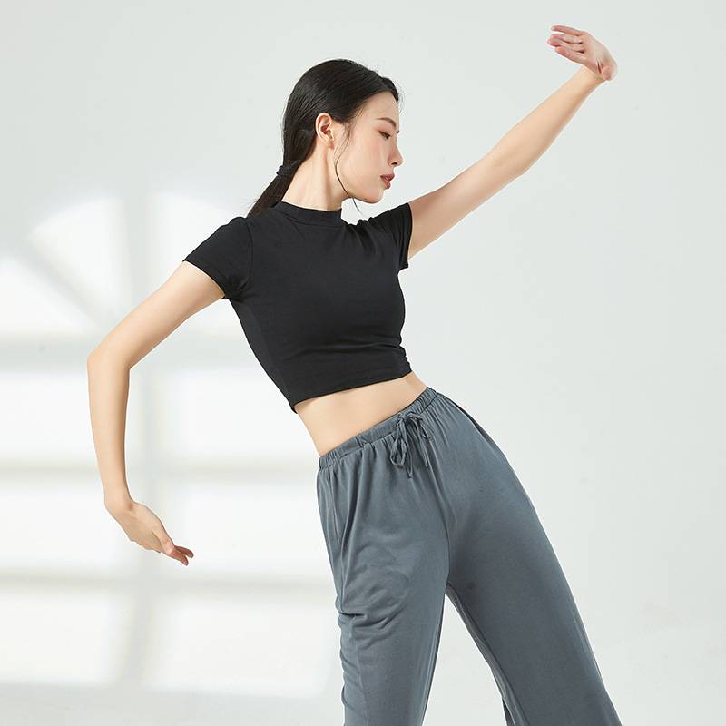 Summer new modern dance practice service girl tight short -sleeved T -shirt black wild yoga -shaped sports clothes training cotton