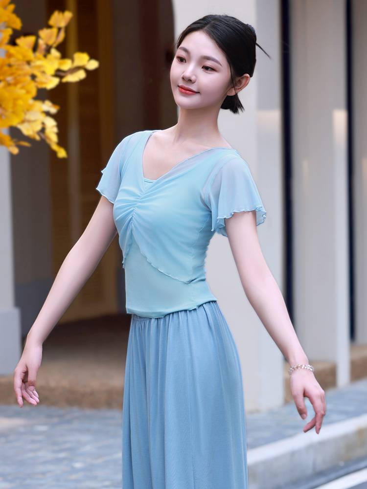 3375 Modern Dance Female Summer Summer New Short -sleeved Net Mandarin Permanent Personal Practice Dance Fake two -piece top