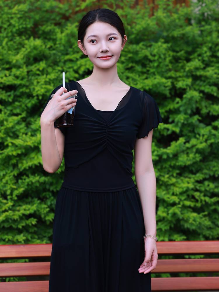3375 Modern Dance Female Summer Summer New Short -sleeved Net Mandarin Permanent Personal Practice Dance Fake two -piece top