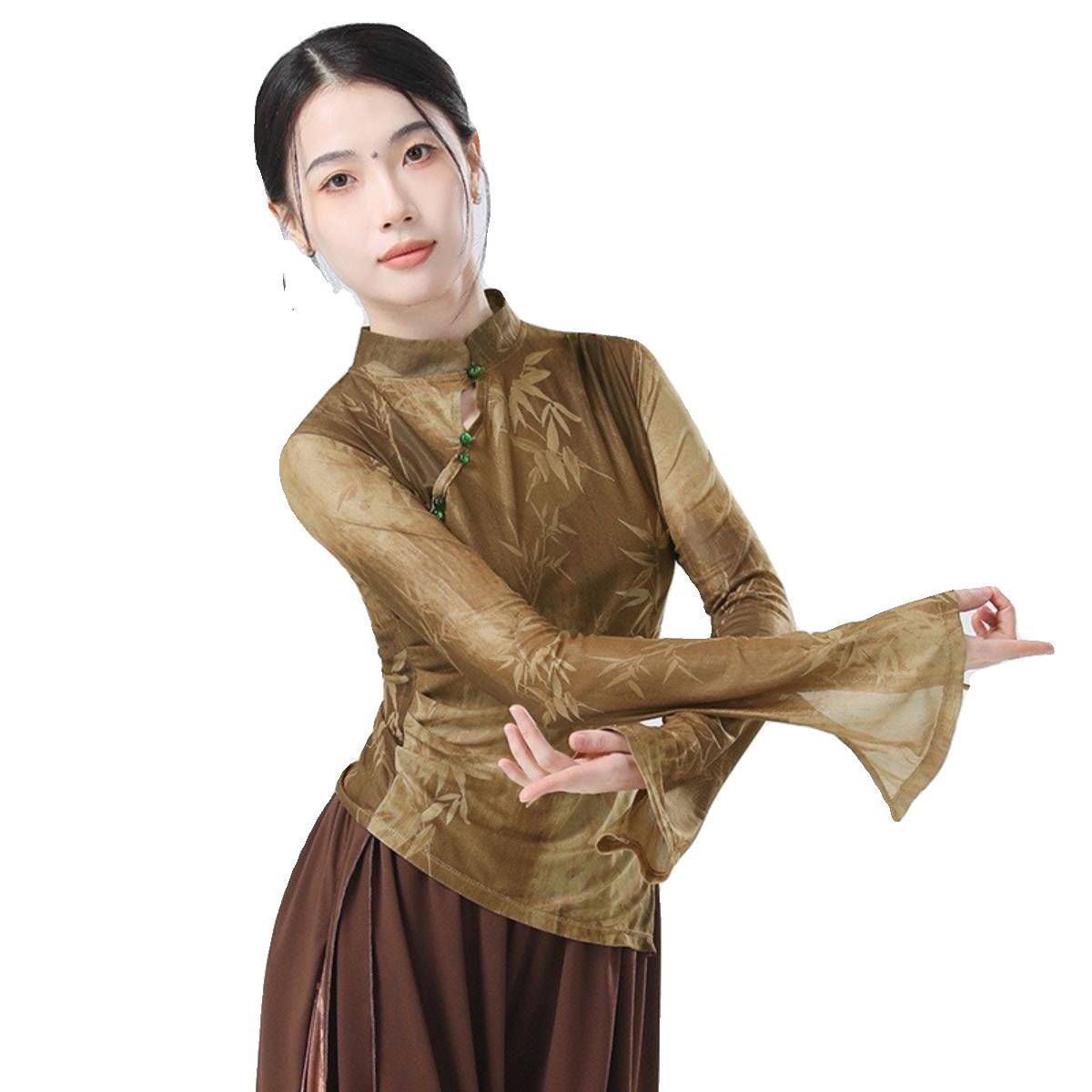 China's new Chinese classical dance ink painting net gauze improved cheongsam horn sleeve dance practice -shaped sportswear modern dance