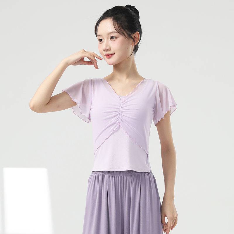 Modern dance exercise service female summer new net gauze fold repair top dance daily body training clothes top